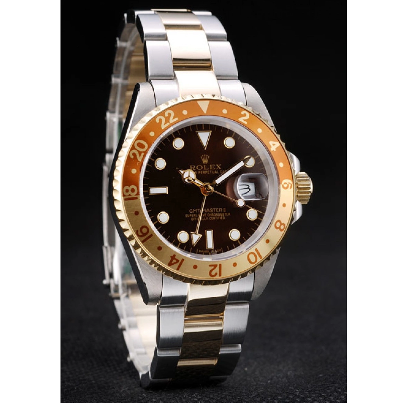 Good Copy Rolex Watches Watch Master GMT II Brown Gold Ceramic Dial Colored Bezel Rolex 0612